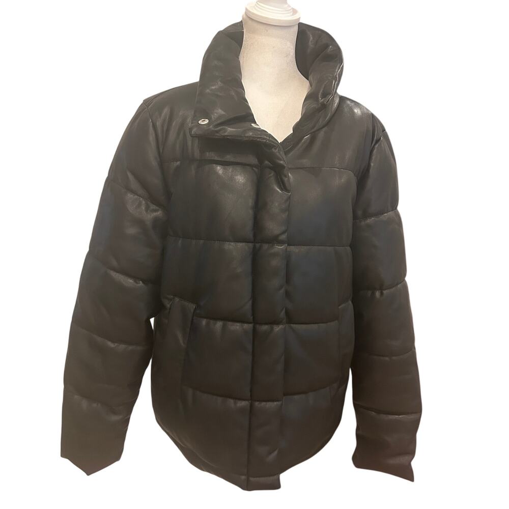 Avec Les Filles Black Faux Leather Quilted Puffer Jacket Womens Size Large